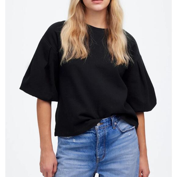 NEW Madewell Puff-Sleeve Sweatshirt Tee Women M Black Minimalist Transition - Picture 1 of 11